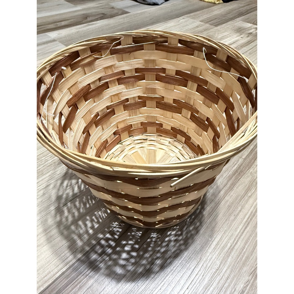 Two Tone Woven Wood Slat Round Basket Natural Brown Rustic Decor 9.5 Inch